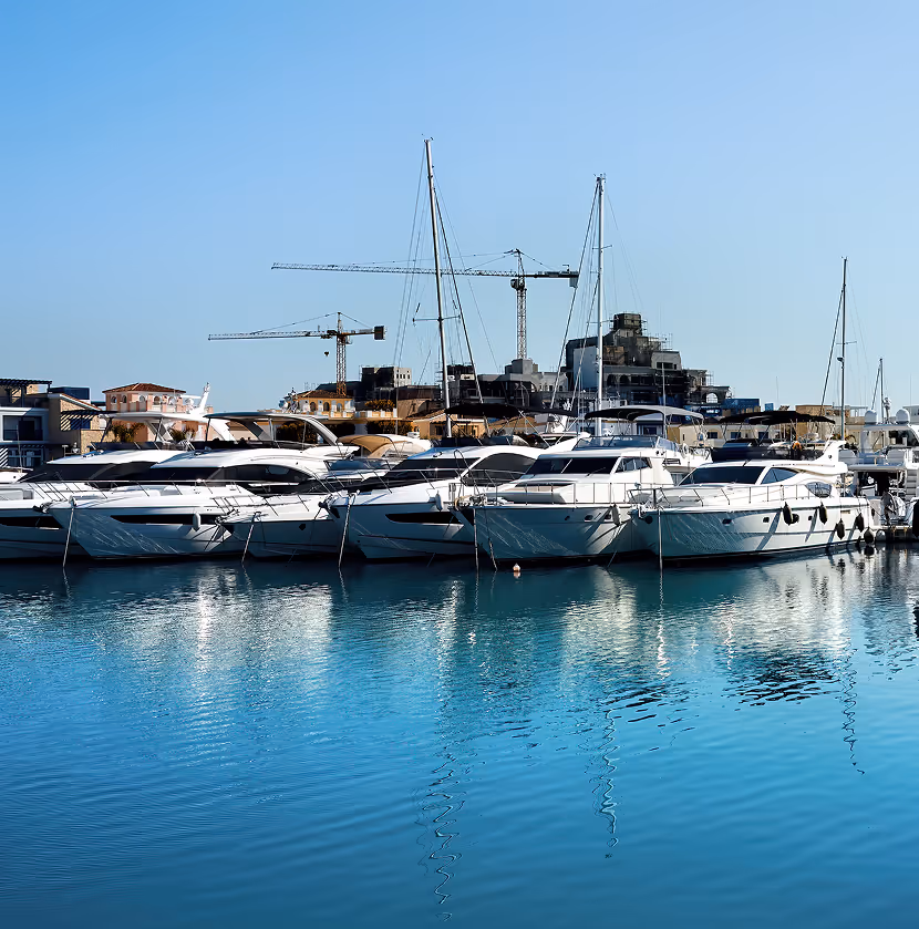 Several white yachts docked side by side in a calm blue marina with buildings and cranes in the background.