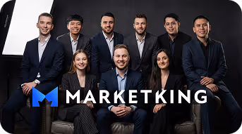 Group of eight diverse professionals smiling, with MarketKing logo overlaid on the image.