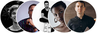 Four circular profile photos of men with diverse hairstyles and facial expressions on a white background.