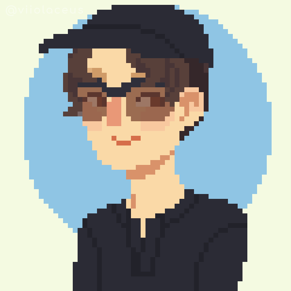 Pixel art portrait of a person wearing a black cap, sunglasses, and a black hoodie with a blue circular background.