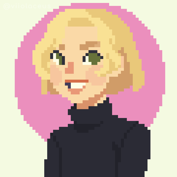 Pixel art portrait of a smiling woman with short blonde hair, green eyes, and a black turtleneck.