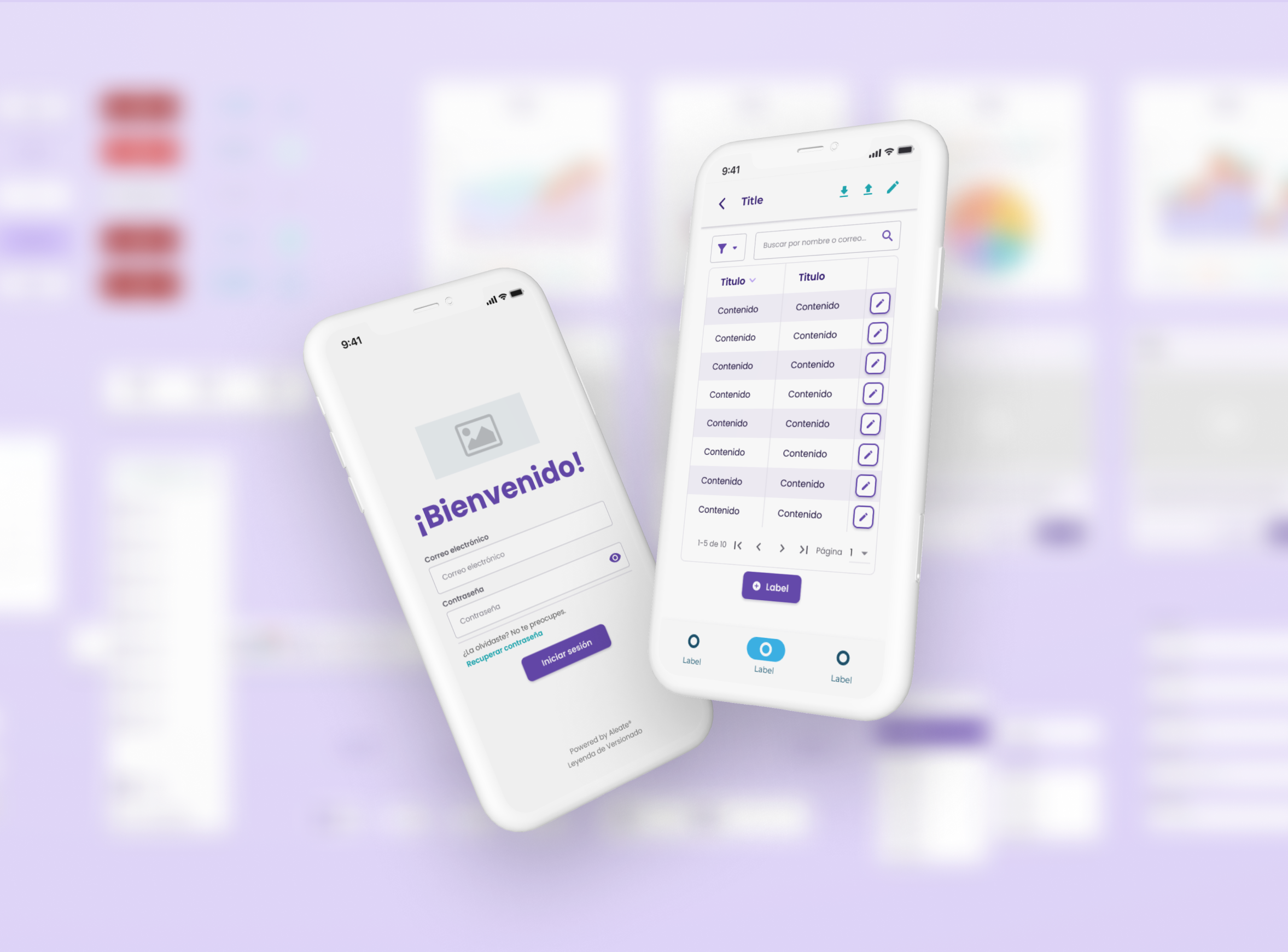 Two mobile screens using design system components: a login screen and an editable content table.