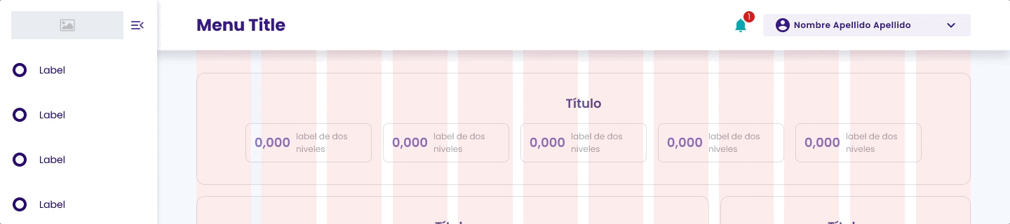 Dashboard interface with a collapsible navigation sidebar containing four labeled menu options, showing grid responsiveness.