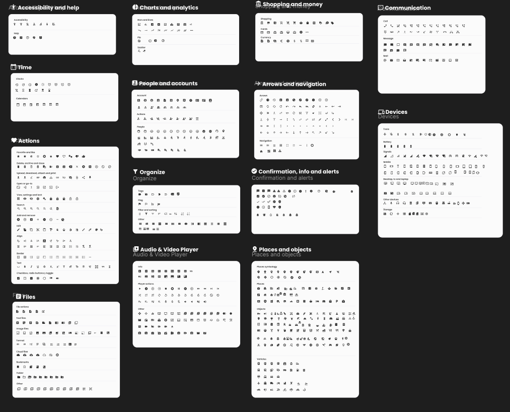 Iconography sorted by categories including Accessibility, Charts and analytics, Shopping and money, Communication, Time, People and accounts, Arrows and navigation, Devices, Actions, Organize, Confirmation and alerts, Audio and video player, Places and objects, and Files with corresponding icons under each category.