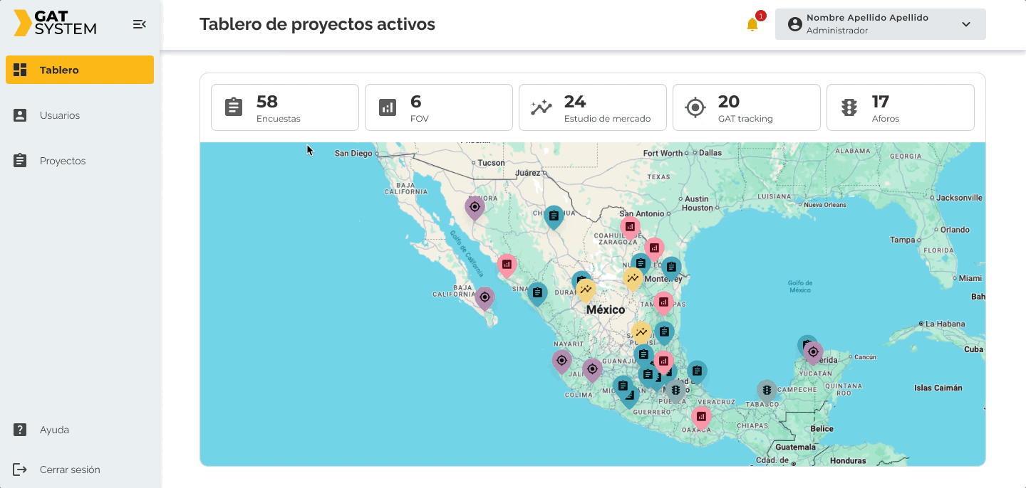 Dashboard showing active project metrics with a map of Mexico marked by colorful icons for surveys, market studies, tracking, and flow measurements.