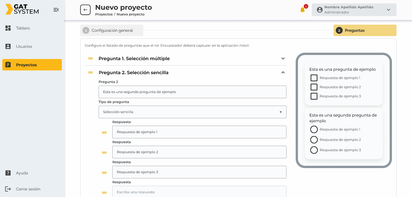 Survey project interface showing configuration of multiple and single selection questions with example question text and answers.