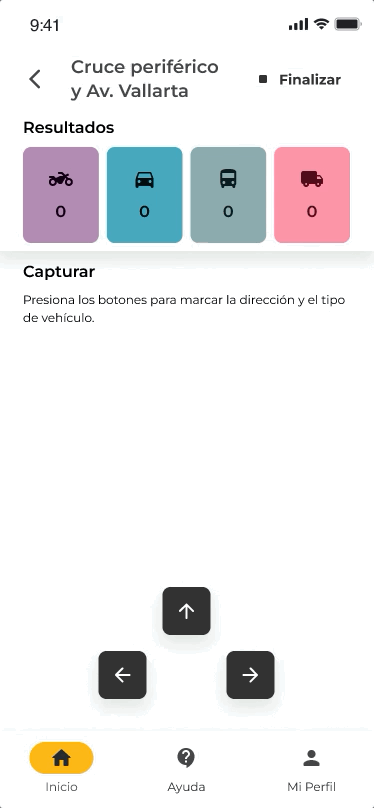 Mobile app screen showing vehicle count at a corner street with icons for motorcycle, car, bus, and truck, and directional arrow buttons below.