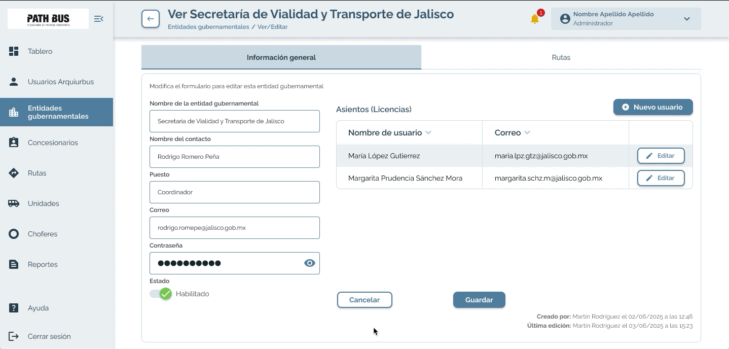 User interface screen showing the edit form for a government entity with contact details and user licenses list.