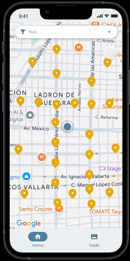 Smartphone screen showing a map with multiple yellow location pins and a few orange food icons, with a search bar labeled 'Ruta' and navigation tabs Home and Saldo at the bottom.
