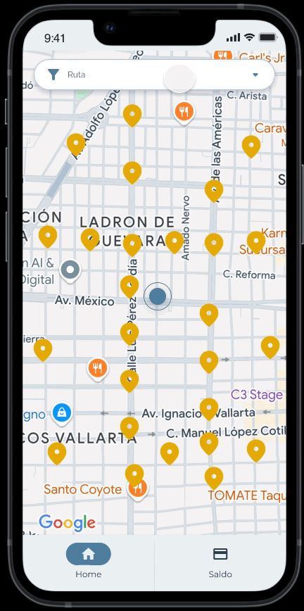 Smartphone screen showing a map with multiple location pins and restaurant icons, with navigation and balance buttons at the bottom.