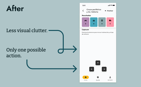 Example of "After", a mobile app screen showing a simplified user interface with fewer icons and a single navigation action for selecting vehicle direction.