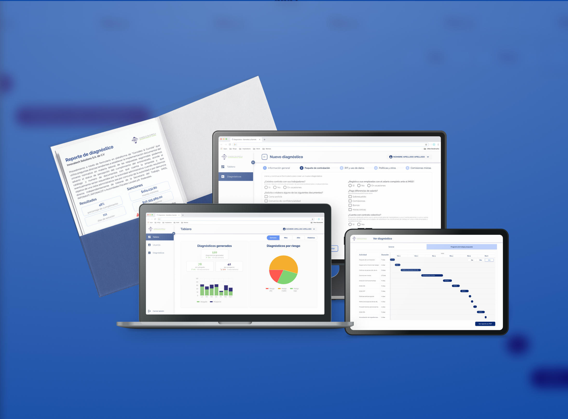 Devices showing diagnostic reports, data dashboards, and Gantt charts for project planning, alongside a printed A4 report with results.