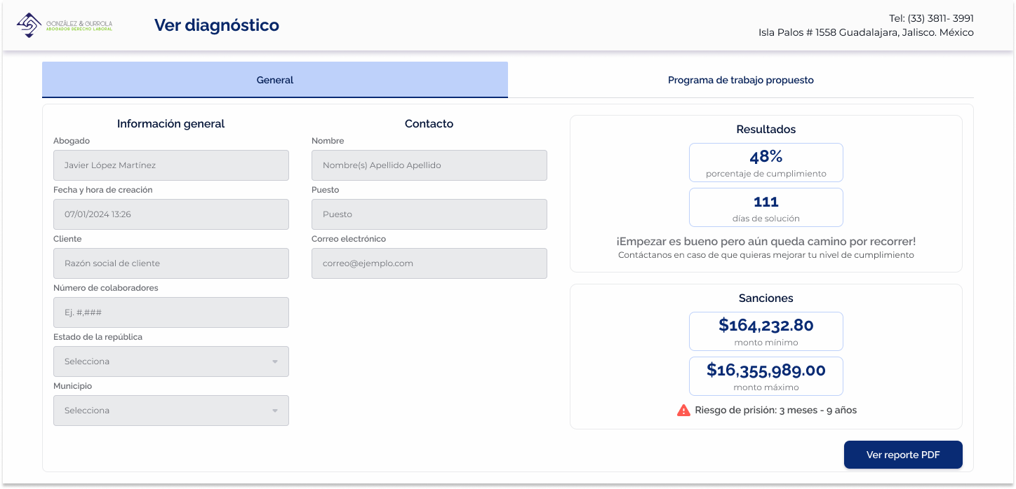 Diagnostic overview screen showing client information and results of the evaluations: compliance percentage, solution days, monetary sanctions range, and prison risk time range, with a button to view PDF report.