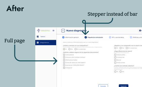 Example of "After" showing a full-page diagnostic form interface with stepper navigation instead of a progress bar.