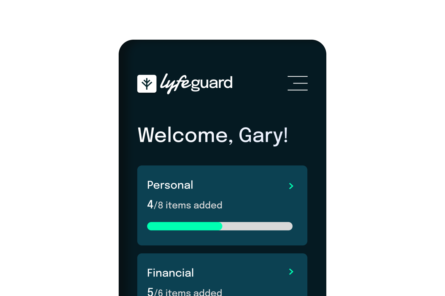 Mobile app screen showing Lyfeguard logo, a welcome message to Gary, and progress bars for Personal and Financial items added.