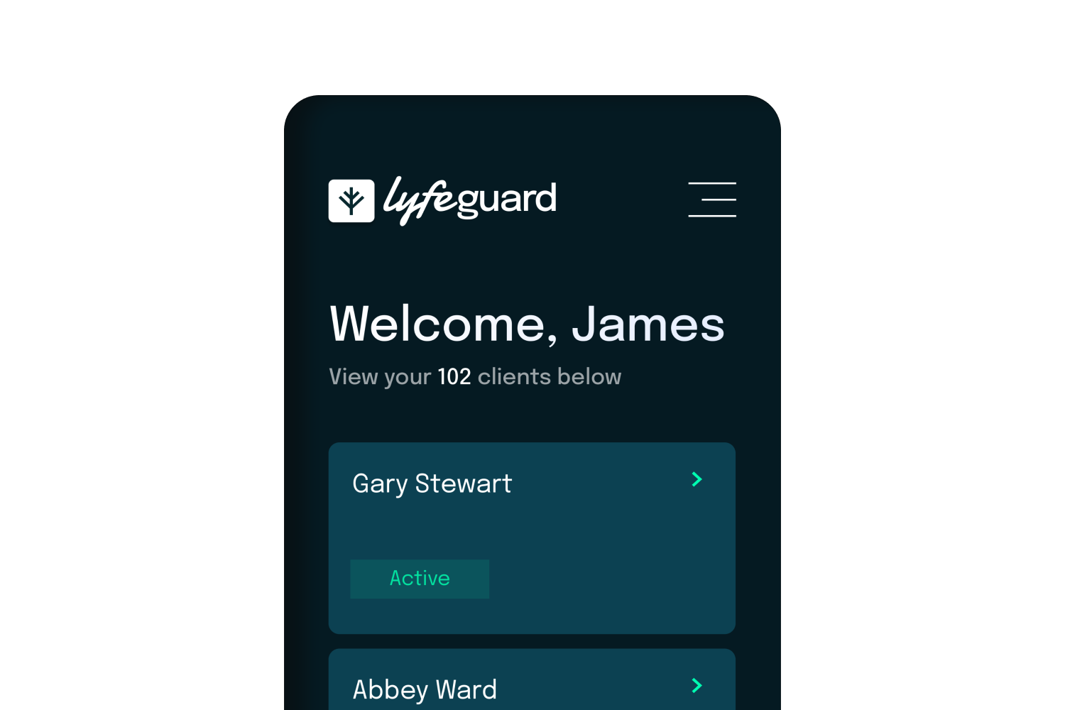 Mobile app screen showing Lyfeguard dashboard greeting user James with a list of clients, including Gary Stewart marked as active.