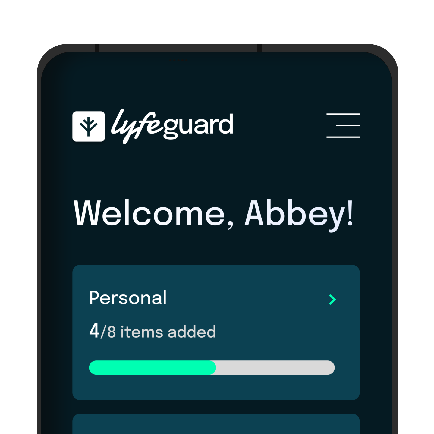 Mobile screen of Lyfeguard app showing welcome message to Abbey and progress of 4 out of 8 personal items added.