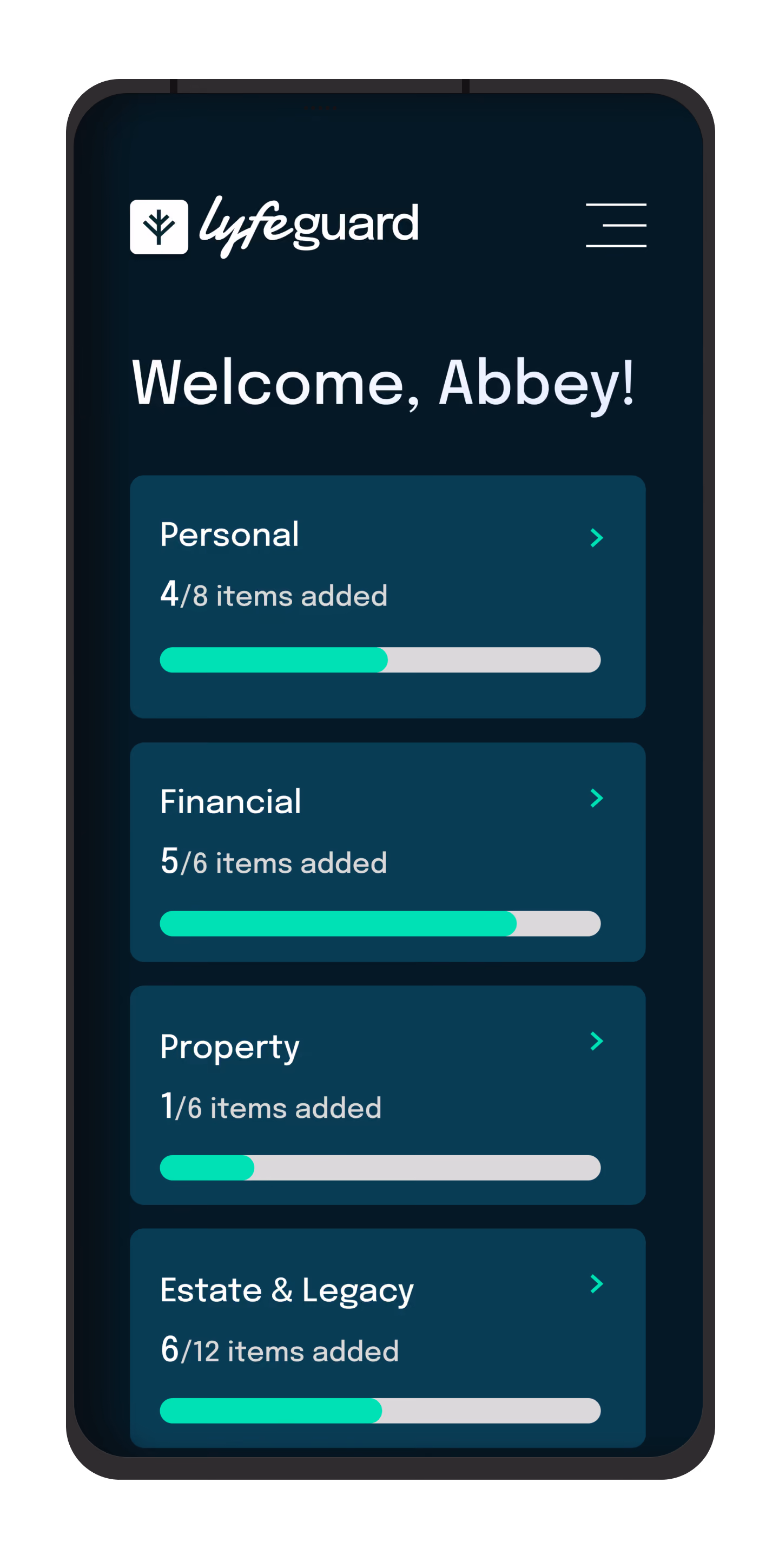 Mobile app screen showing progress bars for Personal, Financial, Property, and Estate & Legacy document completion.