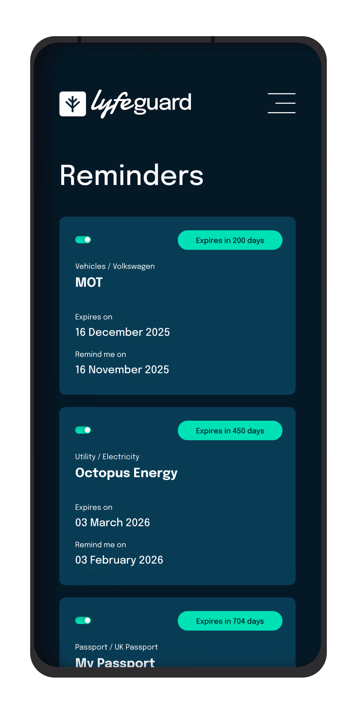 Mobile screen showing Lyfeguard app reminders for MOT, Octopus Energy, and UK Passport expiry dates.