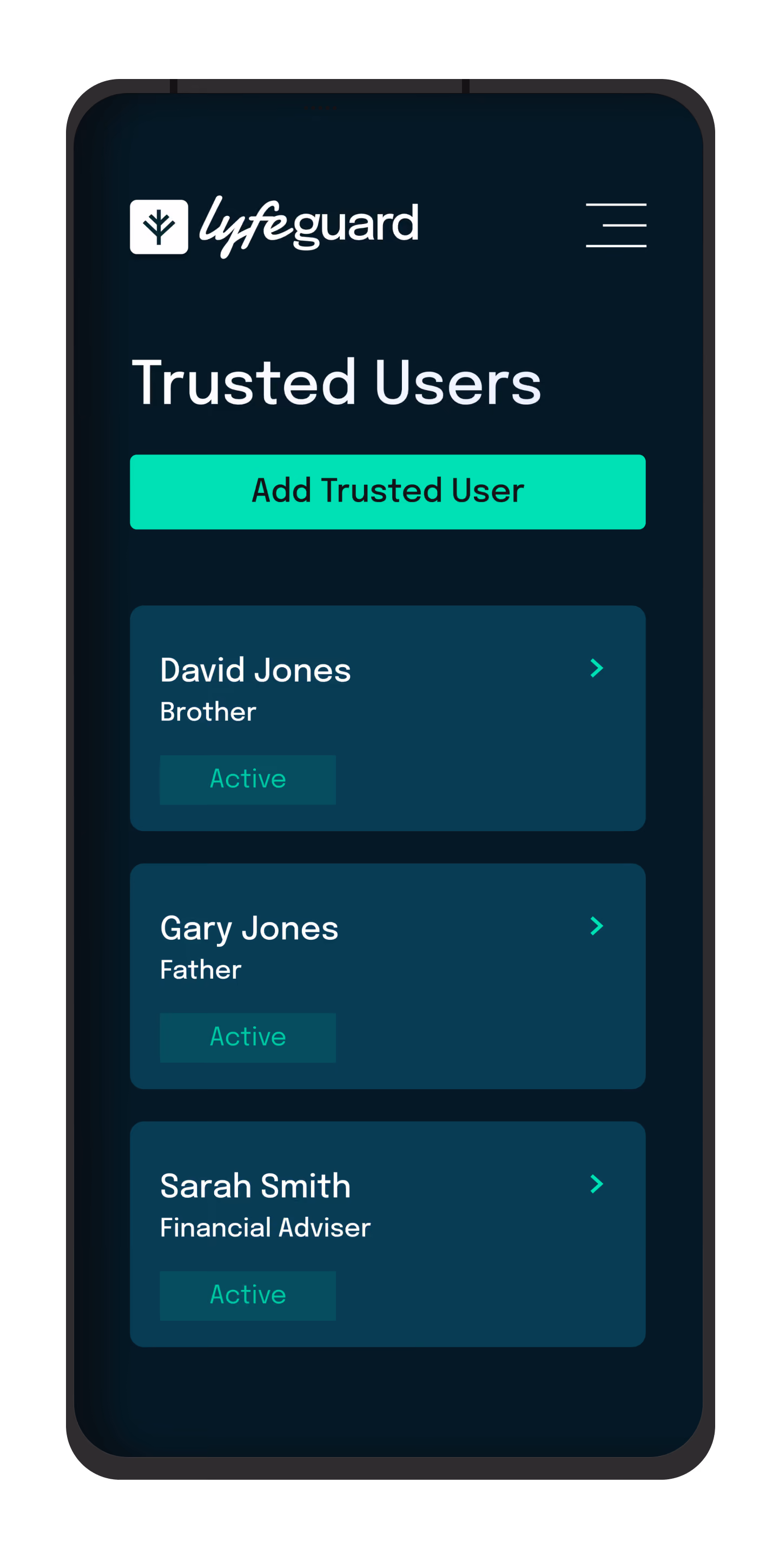 Mobile screen showing Lyfeguard app's Trusted Users list with three active users: David Jones, Gary Jones, Sarah Smith.