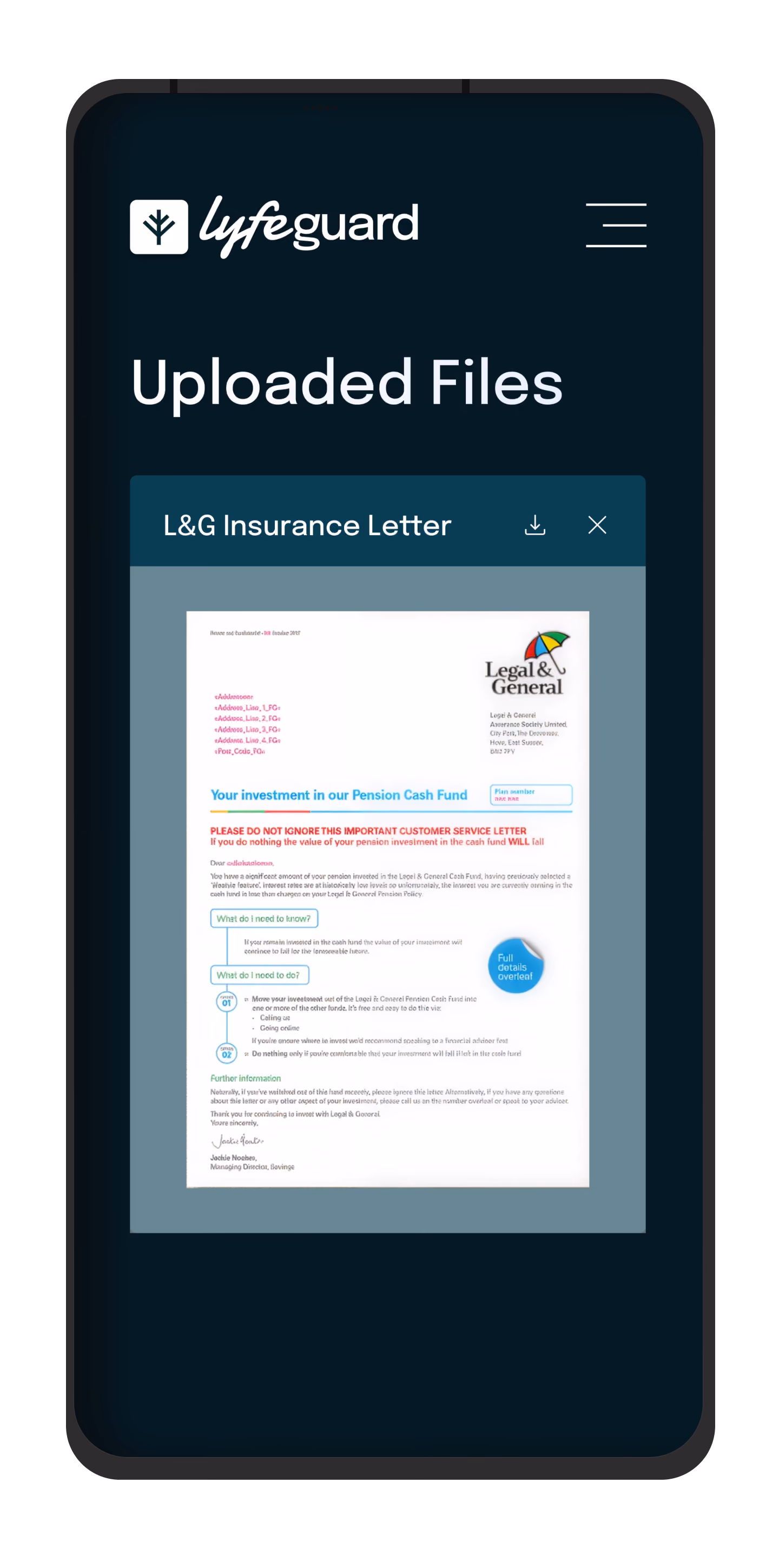 Mobile screen showing 'Uploaded Files' with an L&G Insurance Letter preview from Legal & General.