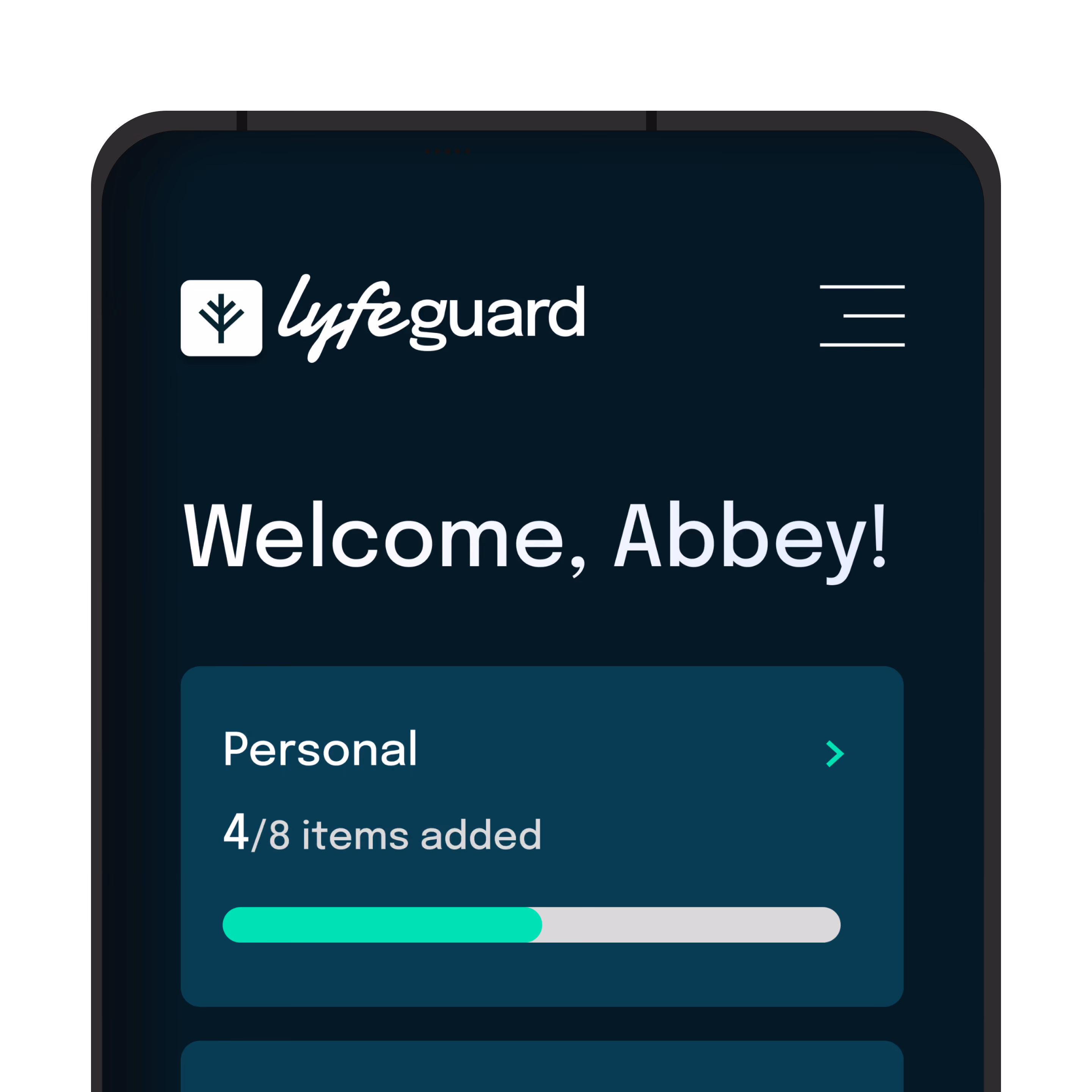 Mobile app screen greeting Abbey with a progress bar showing 4 of 8 personal items added.