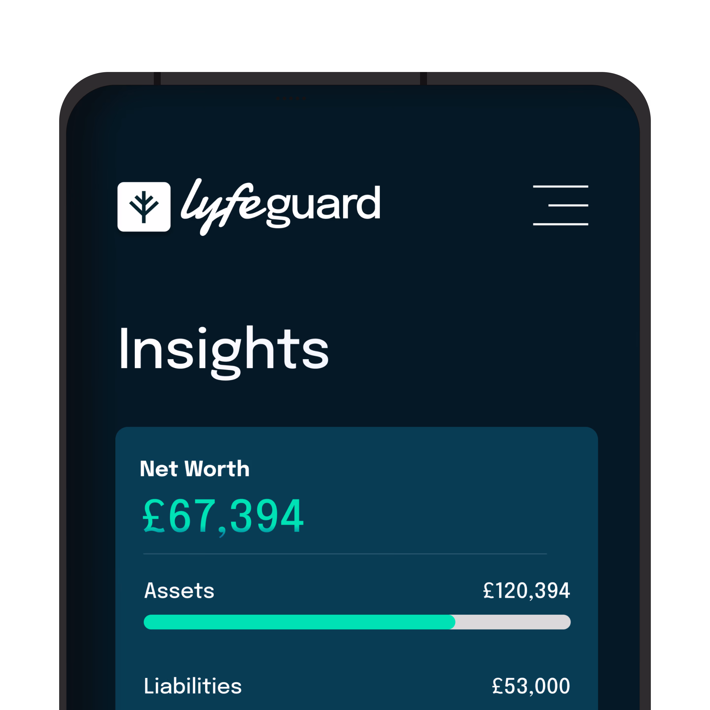 Mobile app screen showing net worth of £67,394 with assets £120,394 and liabilities £53,000.