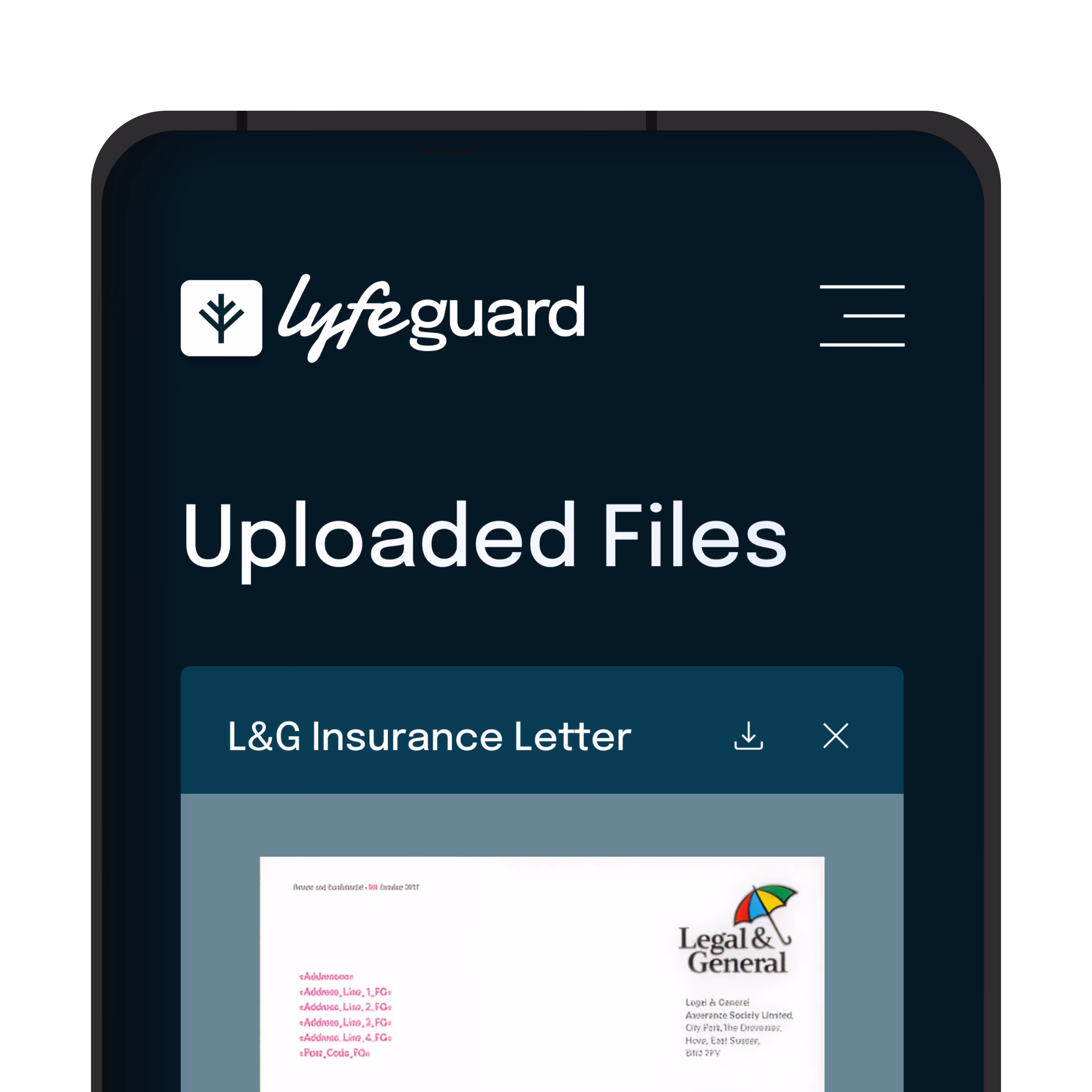 Mobile screen showing Lyfeguard app with an uploaded Legal & General insurance letter file.