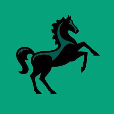 Black silhouette of a rearing horse on a green background.