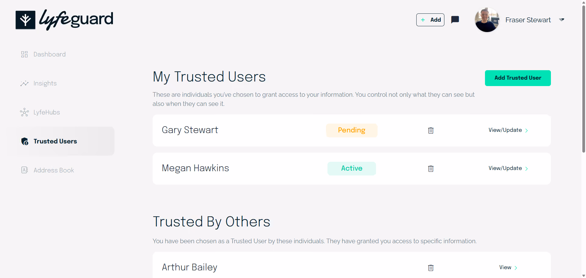 Dashboard screen listing trusted users Gary Stewart pending and Megan Hawkins active, plus trusted by Arthur Bailey.