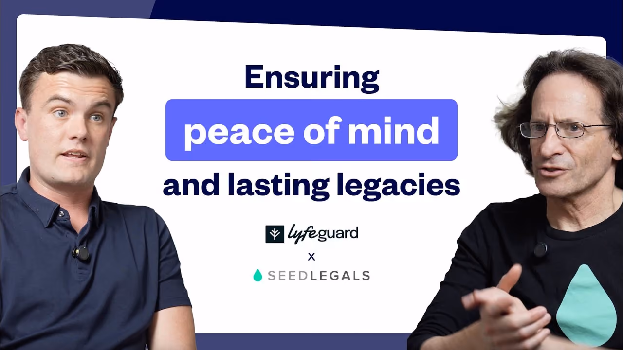 Two men in conversation with text about ensuring peace of mind and lasting legacies between them.