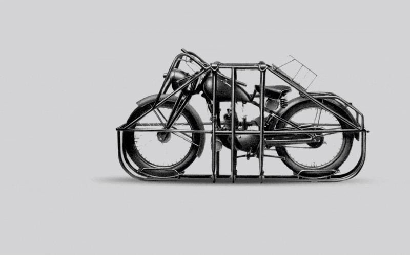 Černobílá animace staré motorky přeměňující se na konstrukci z trubek.