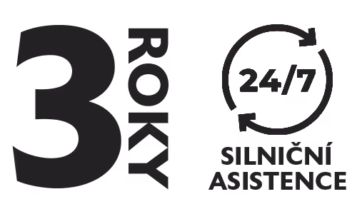 Ikony s textem 3 roky a 24/7 silniční asistence představující tříletou záruku a nonstop silniční podporu.