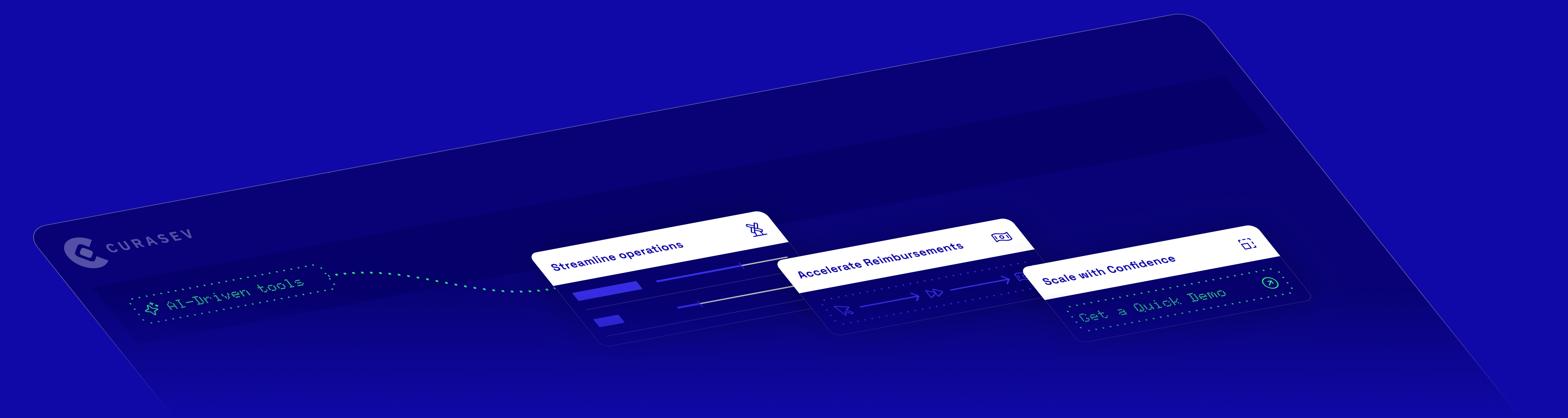 Curasev interface showing AI-driven tools with modules for streamlining operations, accelerating reimbursements, and scaling with confidence.