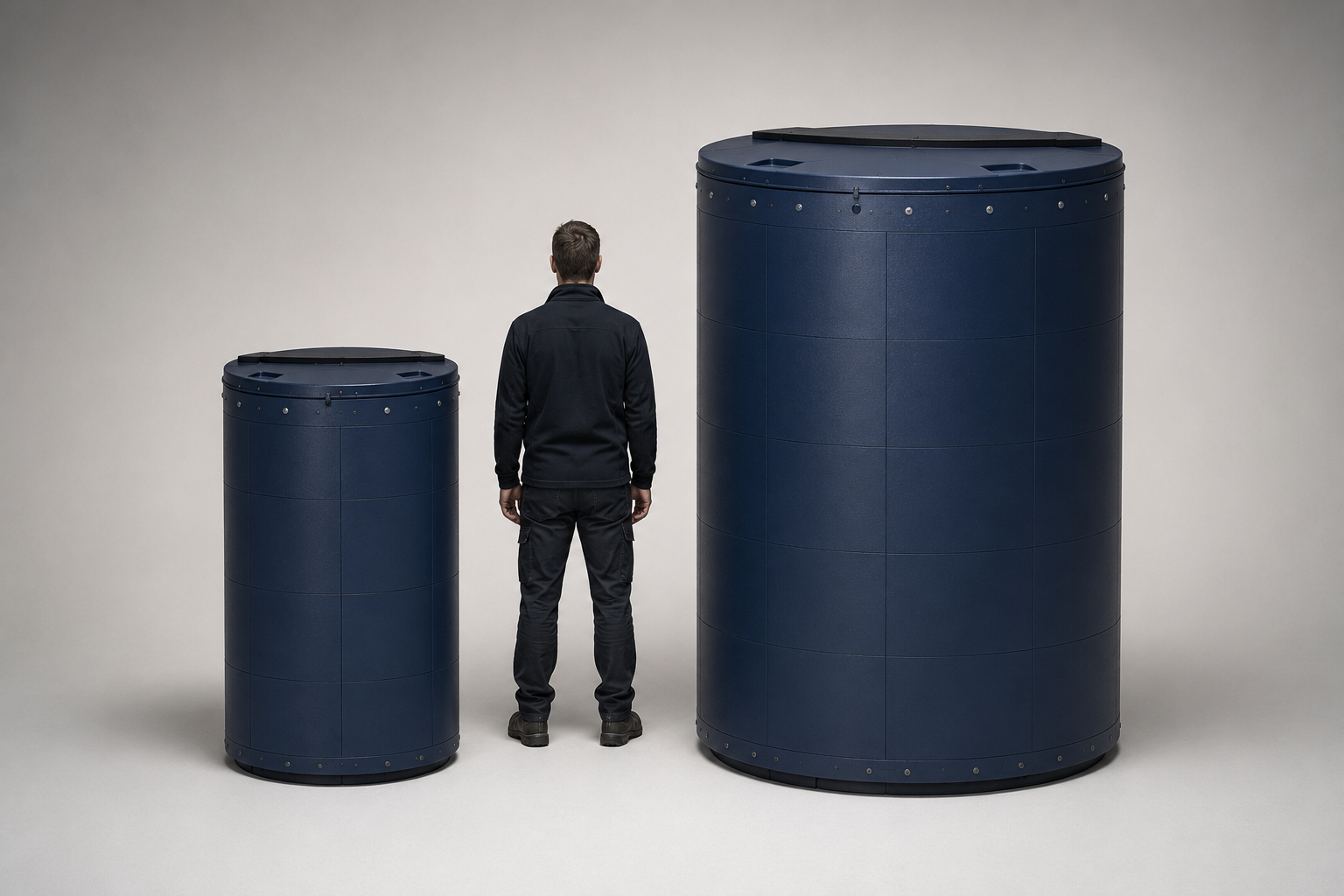 Man standing next to two thermal tanks to show size