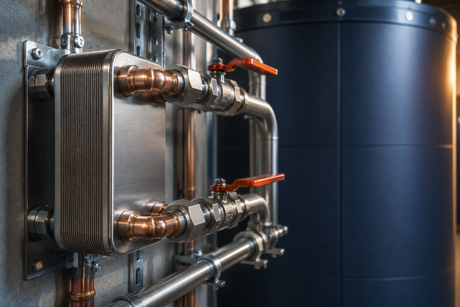 Thermal tank with pipes and valves