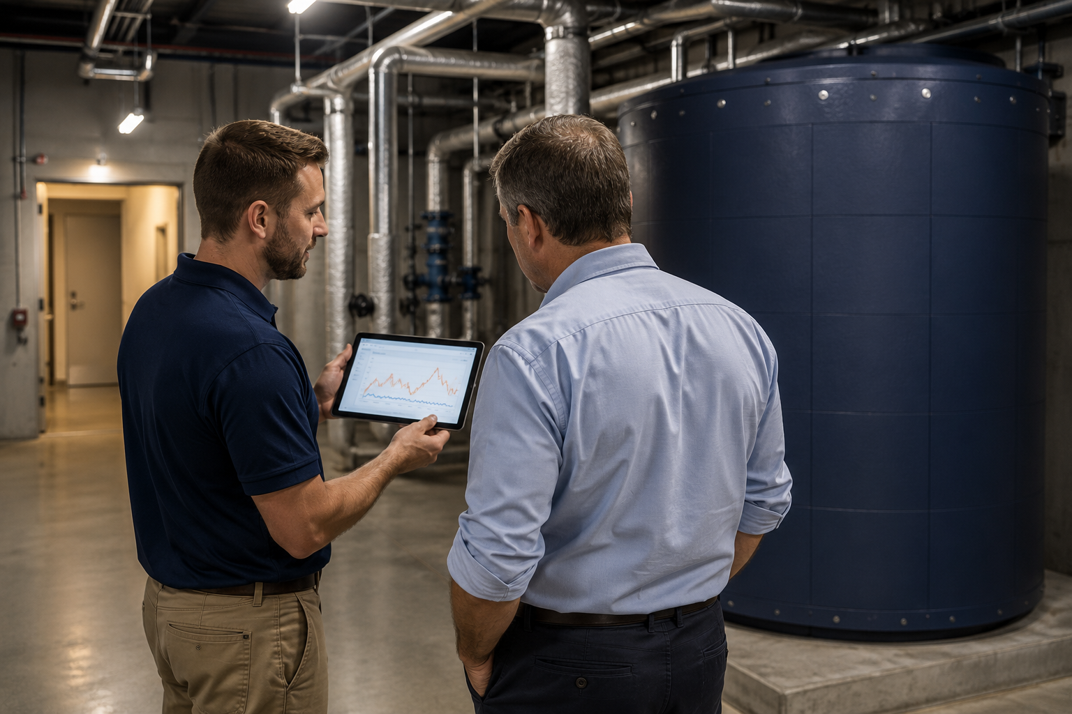 Two people talking in a warehouse full of thermal tank parts