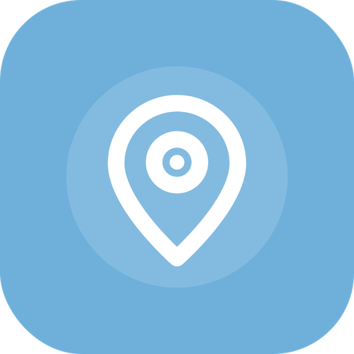 Icône de localisation blanche sur fond bleu clair, représentant un repère de carte stylisé.