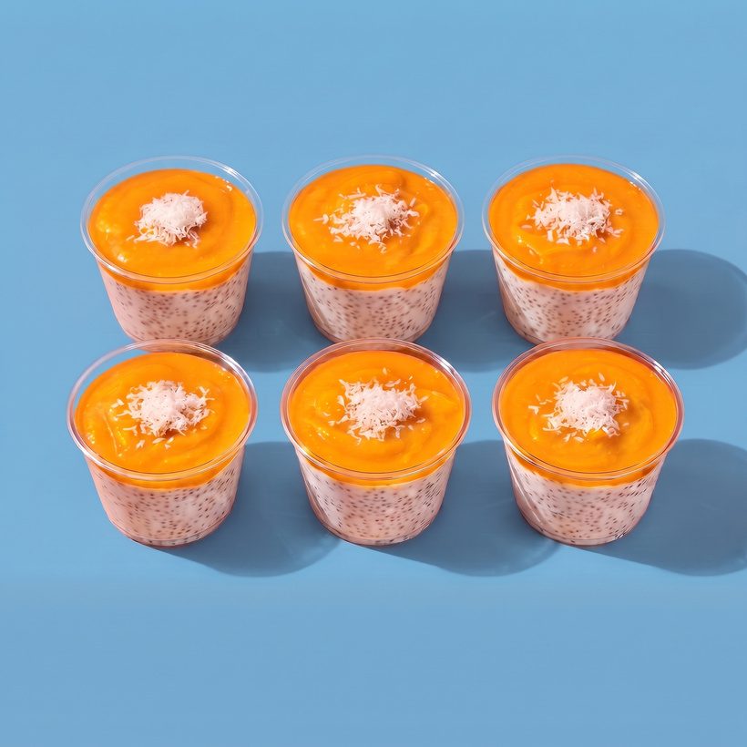 Assortiment de 6 verrines chia au lait de coco et coulis de mangue