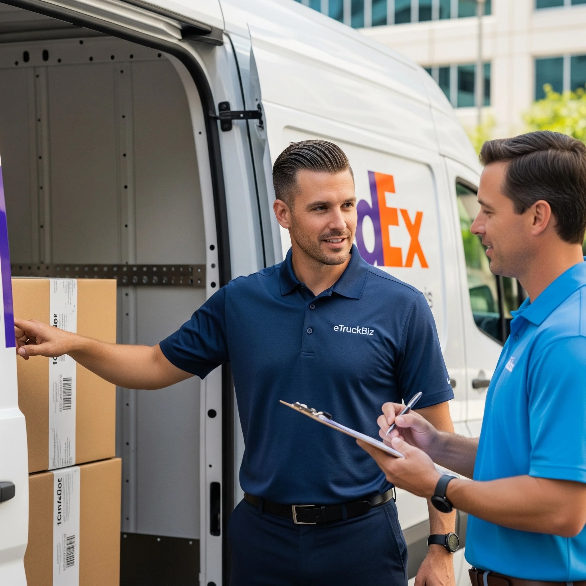 Safety coach reviewing a driver checklist beside a delivery van