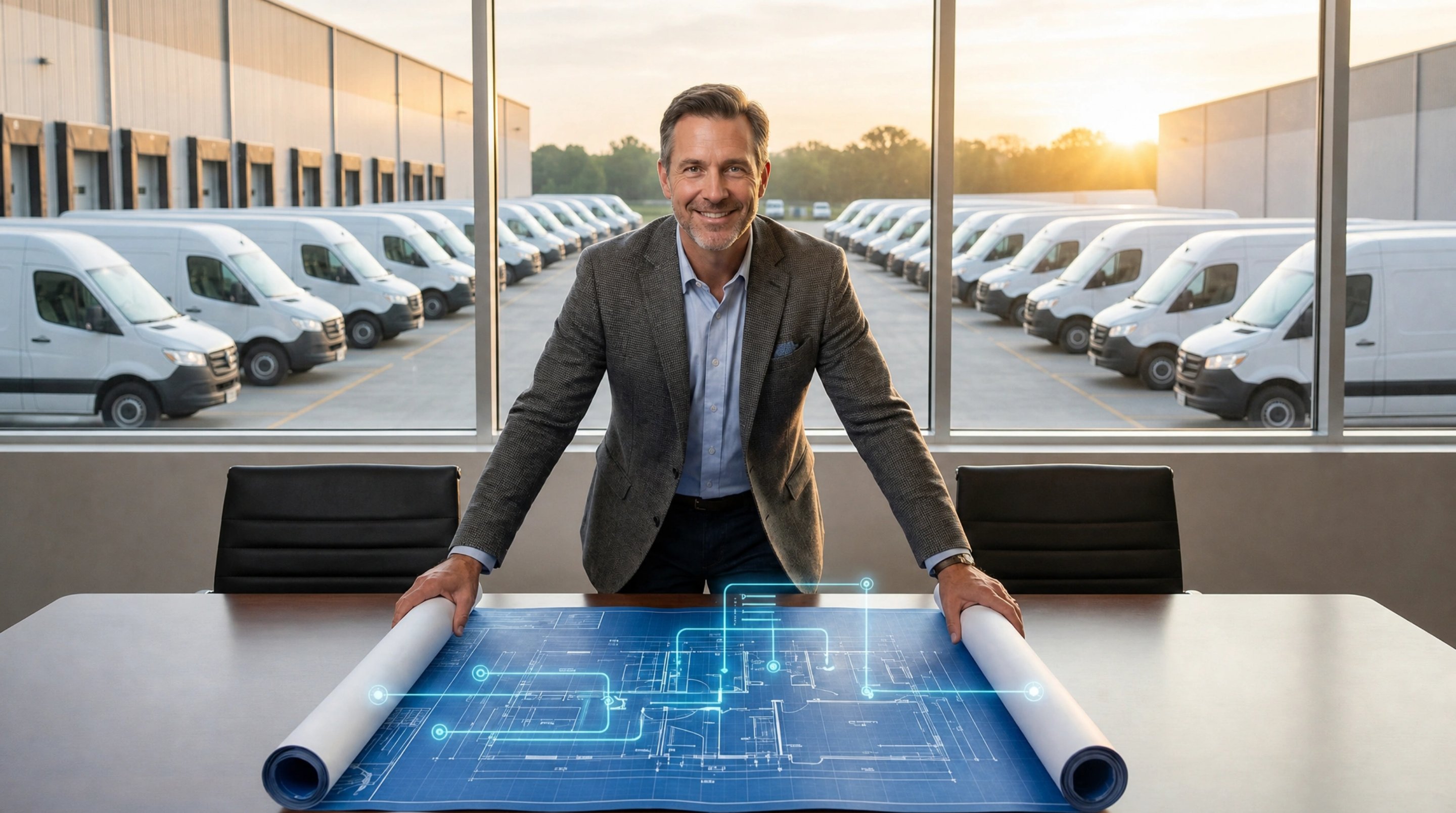 A Service Provider leaning over a blueprint of his operation with a fleet of white delivery vans lined up outside the window at sunrise