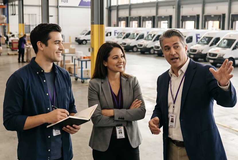 Three eTruckBiz specialists talking with a service provider on a station floor with a fleet of delivery vans behind them