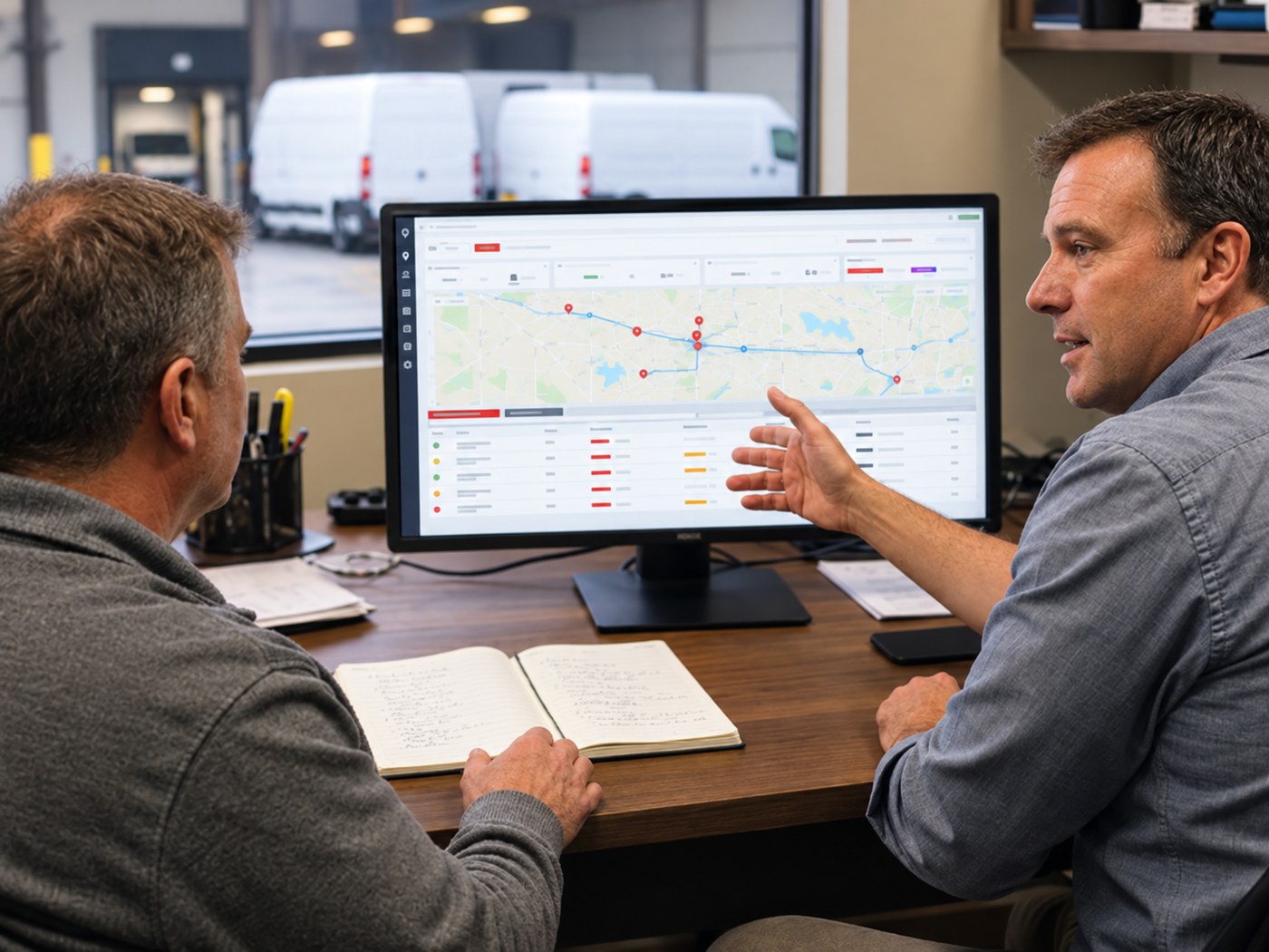 Two eTruckBiz team members reviewing a dispatch board on a monitor