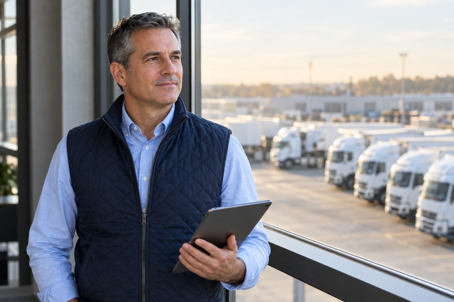 Service Provider reviewing his operation on a tablet above the truck yard