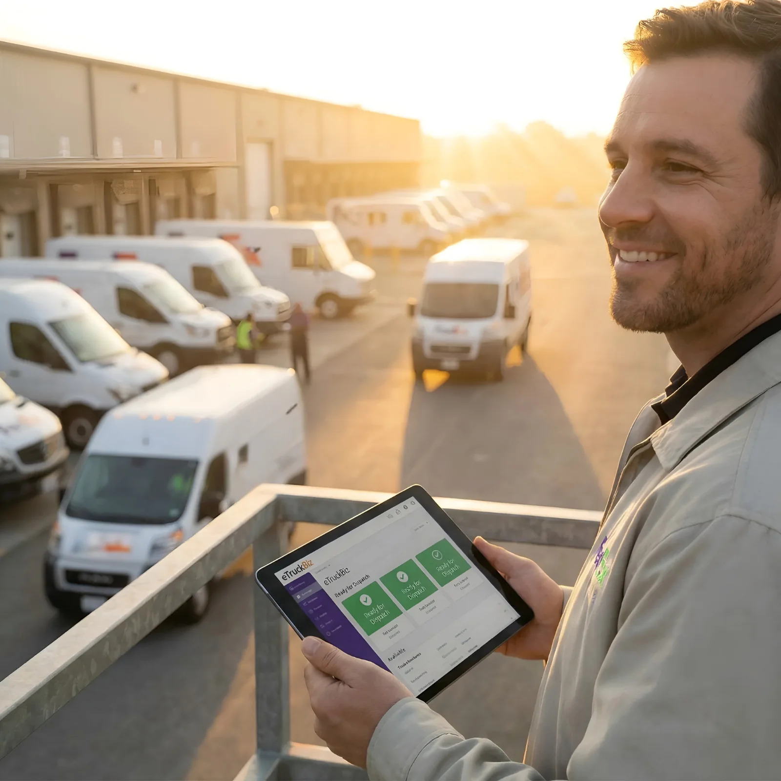 A new Service Provider smiles on a terminal balcony at sunrise, holding a tablet showing the eTruckBiz dashboard above a lot of white delivery vans.