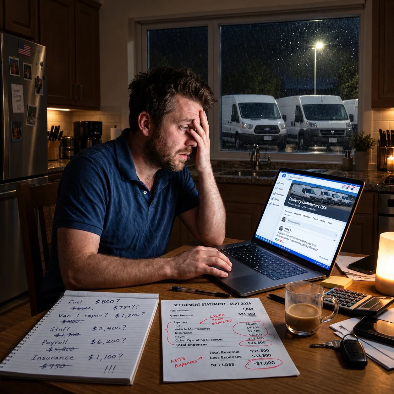 A frustrated new delivery business owner sits at his kitchen table late at night with a laptop, a settlement statement showing a loss, and a notepad of crossed-out expense figures, with his vans parked outside in the rain.