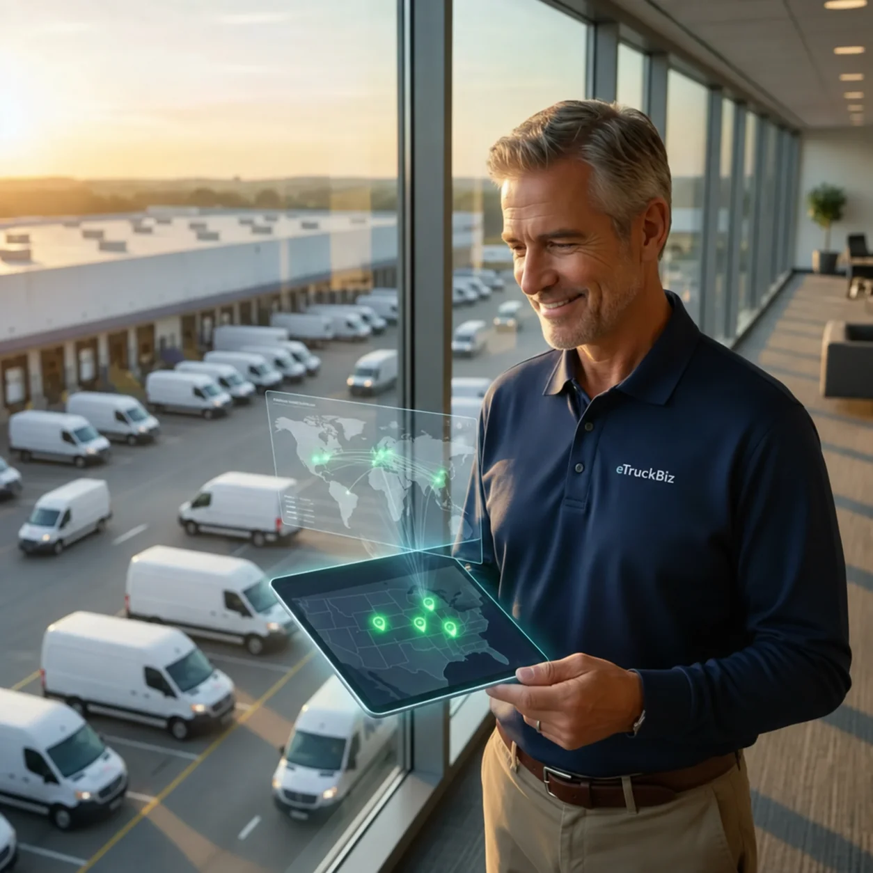 A Service Provider in an eTruckBiz polo smiles at a tablet showing his locations on a map, overlooking a lot of unbranded white delivery vans at sunrise.