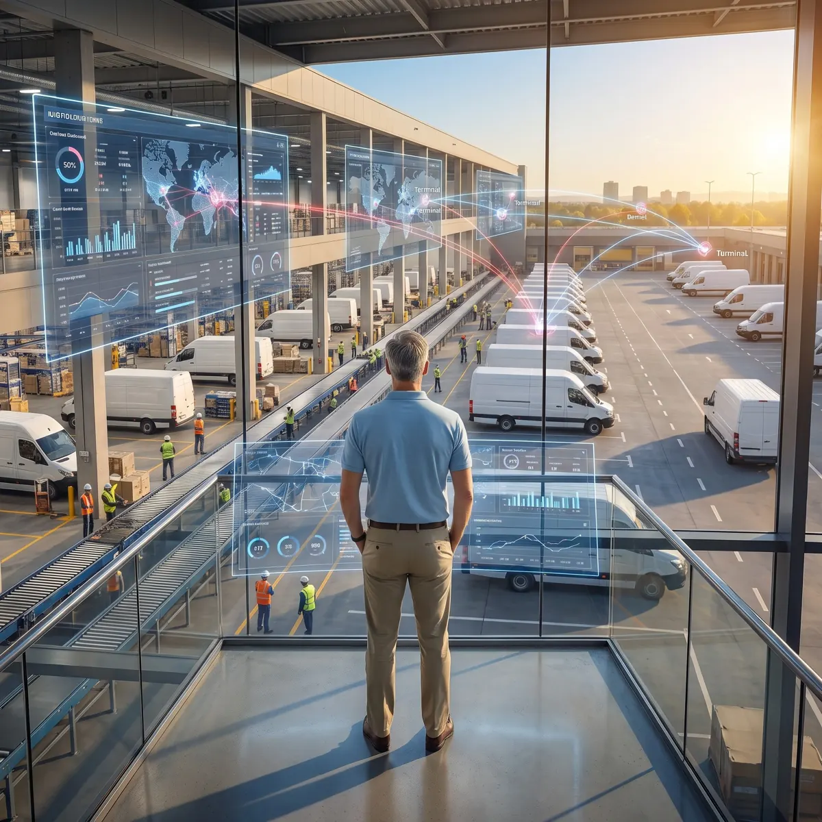 A Service Provider stands on a glass overlook above a busy terminal, watching unbranded delivery vans load while digital dashboards show his locations and performance.