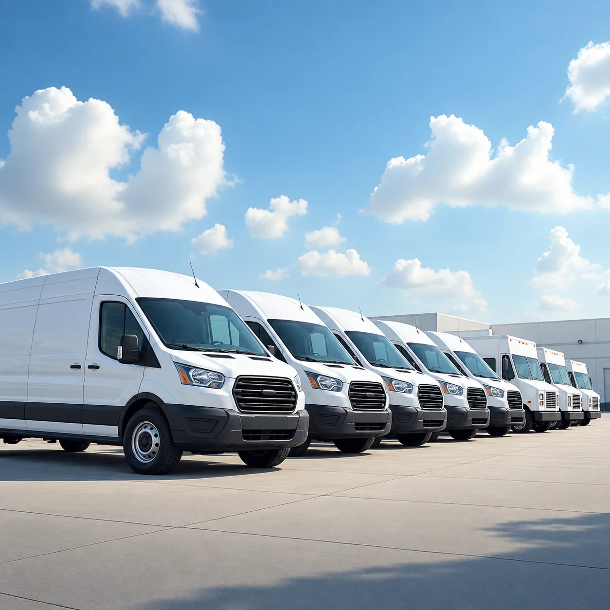 A row of unbranded white delivery vans parked at a distribution terminal under a blue sky.