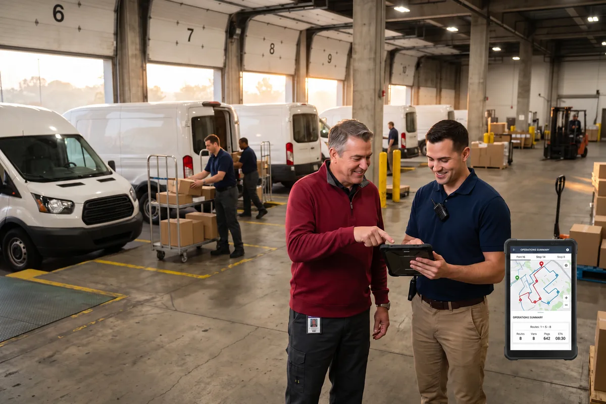 An operations specialist and a manager review a route map on a tablet at a busy loading dock while drivers load unbranded white delivery vans behind them.